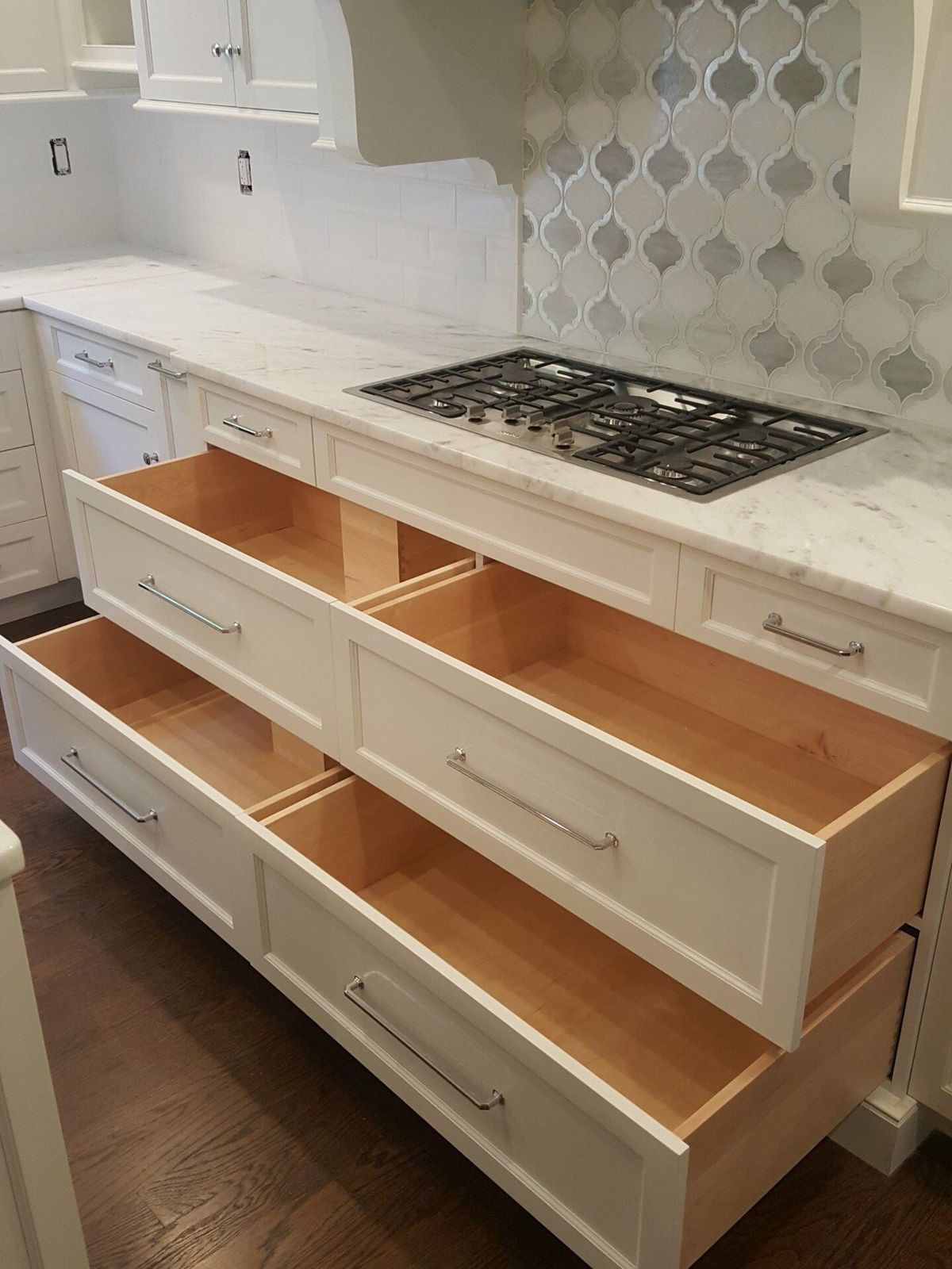 Custom deep drawer bank in a kitchen